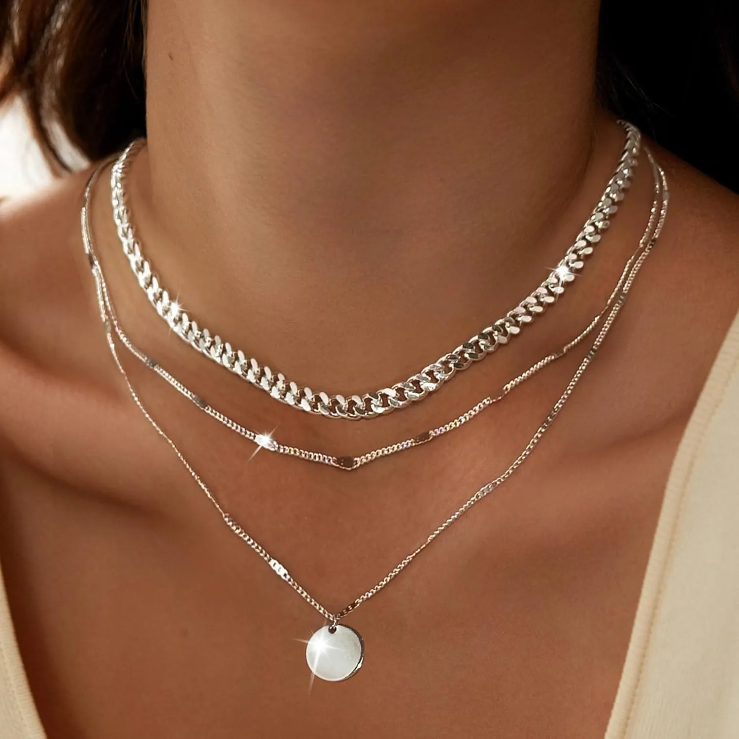 Layered Choker Necklaces, 14k Gold Plated/Sterling Silver Stackable Circle Pendant Chain Necklace Set