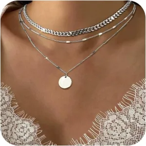 Layered Choker Necklaces, 14k Gold Plated/Sterling Silver Stackable Circle Pendant Chain Necklace Set