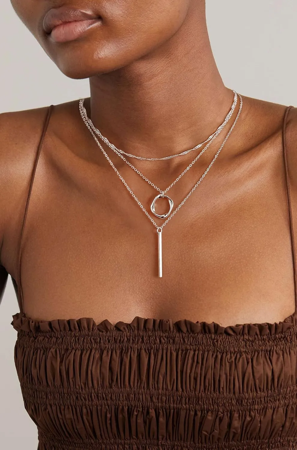 Layered Choker Necklaces, 14k Gold Plated/Sterling Silver Stackable Circle Pendant Chain Necklace Set