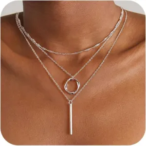 Layered Choker Necklaces, 14k Gold Plated/Sterling Silver Stackable Circle Pendant Chain Necklace Set