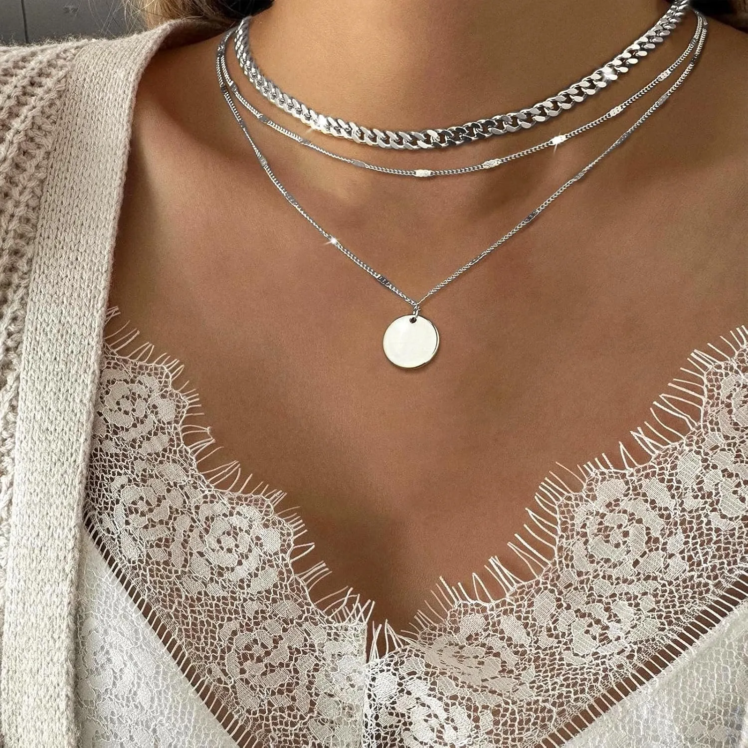 Layered Choker Necklaces, 14k Gold Plated/Sterling Silver Stackable Circle Pendant Chain Necklace Set
