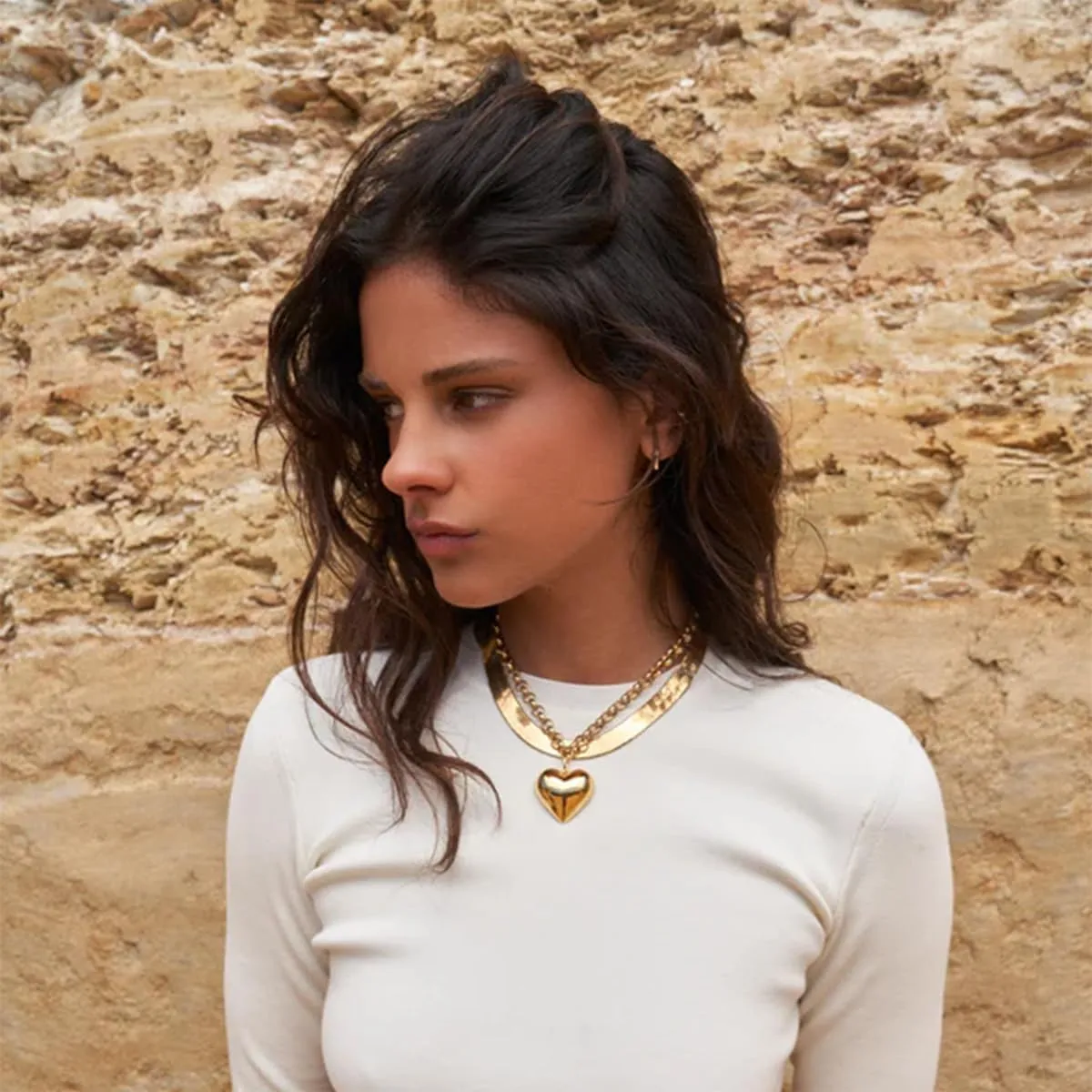 Layered Chunky Heart Choker Necklace - Gold Plated Heart Pendant Herringbone Snake Chain Y2K Grunge Jewelry Gifts for Women
