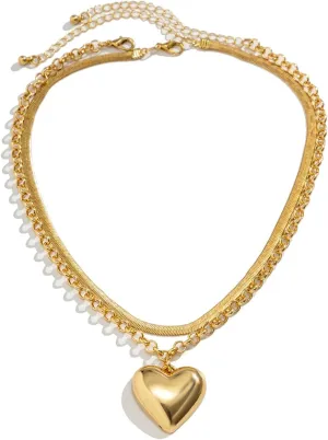 Layered Chunky Heart Choker Necklace - Gold Plated Heart Pendant Herringbone Snake Chain Y2K Grunge Jewelry Gifts for Women