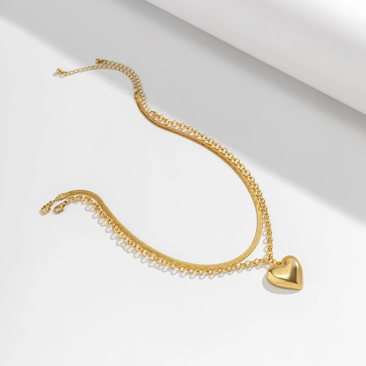 Layered Chunky Heart Choker Necklace - Gold Plated Heart Pendant Herringbone Snake Chain Y2K Grunge Jewelry Gifts for Women
