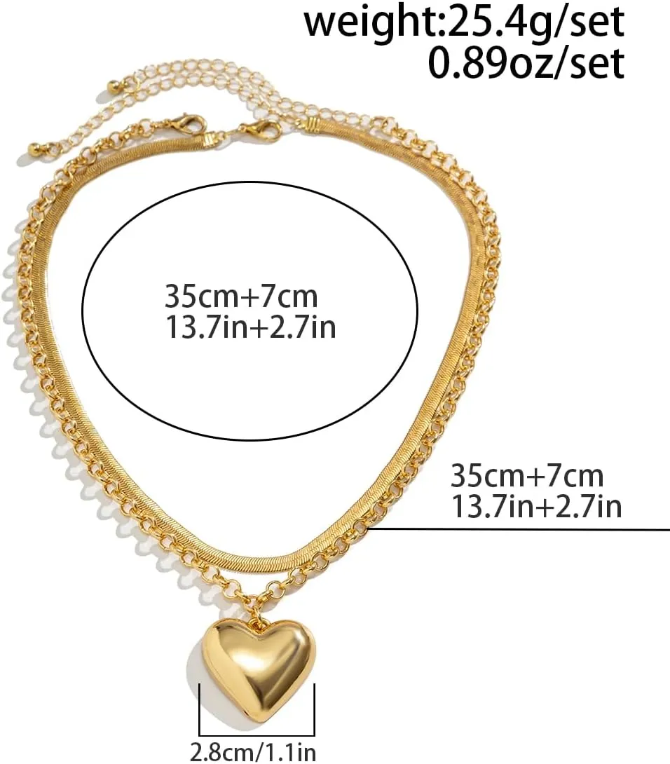 Layered Chunky Heart Choker Necklace - Gold Plated Heart Pendant Herringbone Snake Chain Y2K Grunge Jewelry Gifts for Women