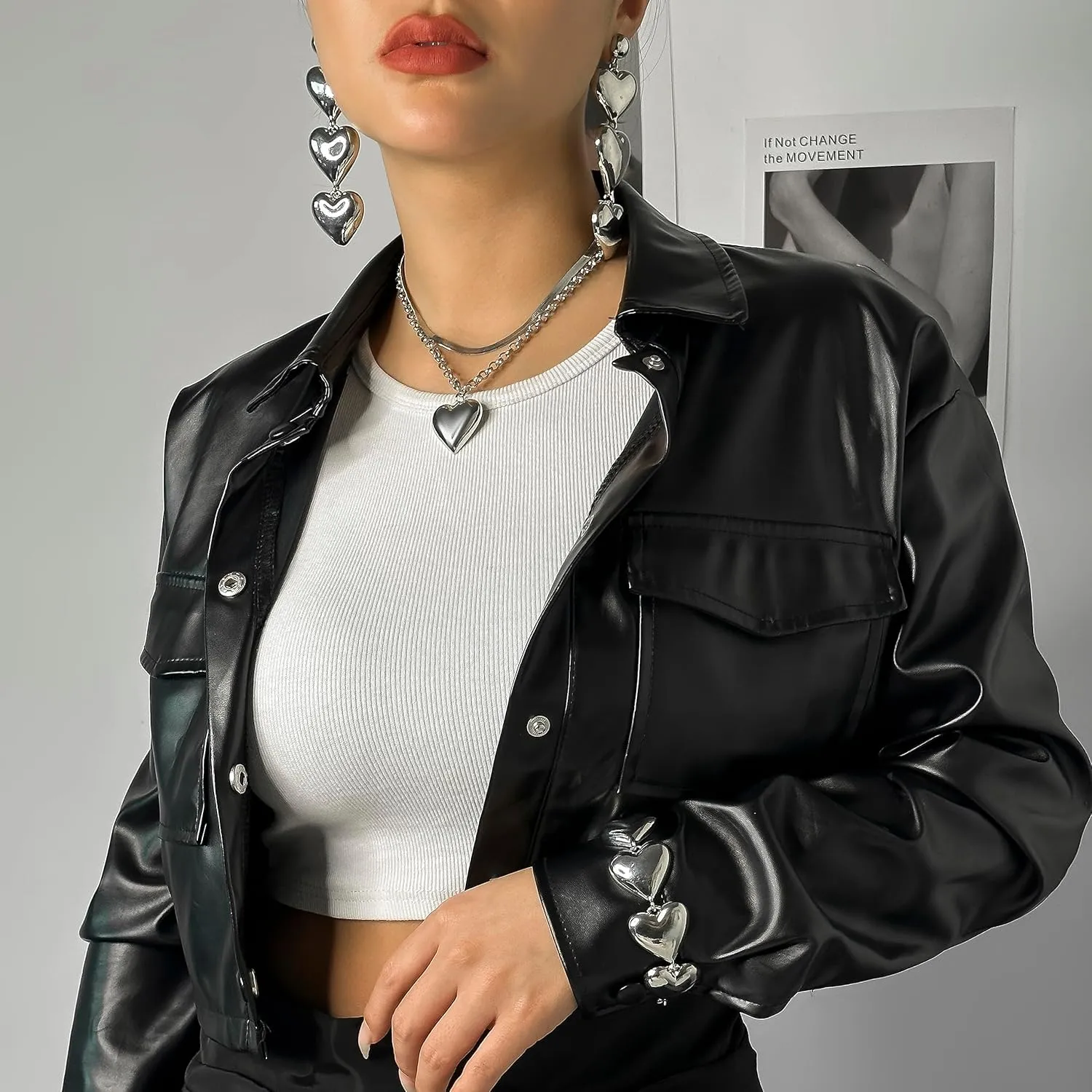 Layered Chunky Heart Choker Necklace - Gold Plated Heart Pendant Herringbone Snake Chain Y2K Grunge Jewelry Gifts for Women
