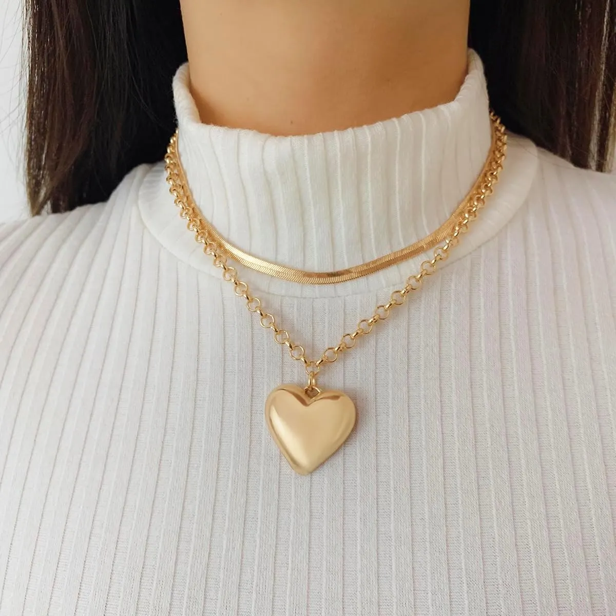 Layered Chunky Heart Choker Necklace - Gold Plated Heart Pendant Herringbone Snake Chain Y2K Grunge Jewelry Gifts for Women
