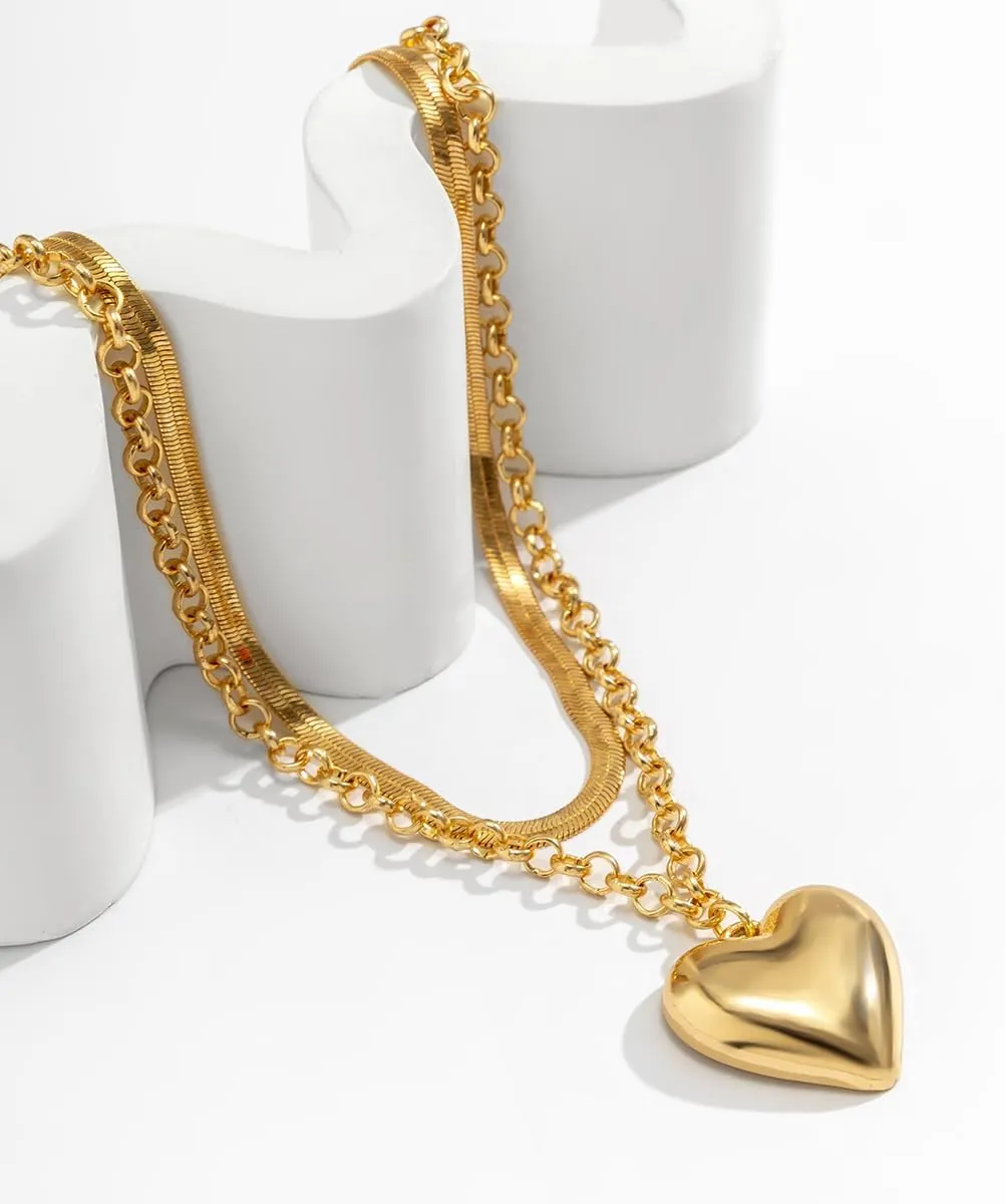 Layered Chunky Heart Choker Necklace - Gold Plated Heart Pendant Herringbone Snake Chain Y2K Grunge Jewelry Gifts for Women