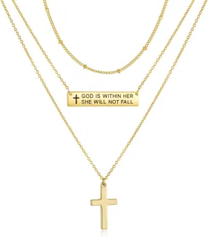 Layered Cross Bible Verse Necklaces, 14K Gold Plated Christian Religious Confirmation Inspirational Jewelry Gifts
