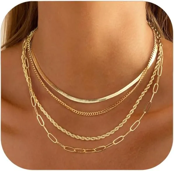 Layered Gold Necklaces for Women, 14K Gold Plated Stackable Necklace Set with Cuban Herringbone Rope Paperclip Chain, Dainty Trendy Jewelry Gift