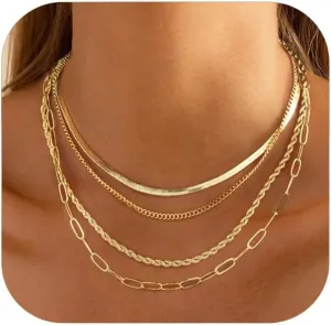 Layered Gold Necklaces for Women, 14K Gold Plated Stackable Necklace Set with Cuban Herringbone Rope Paperclip Chain, Dainty Trendy Jewelry Gift