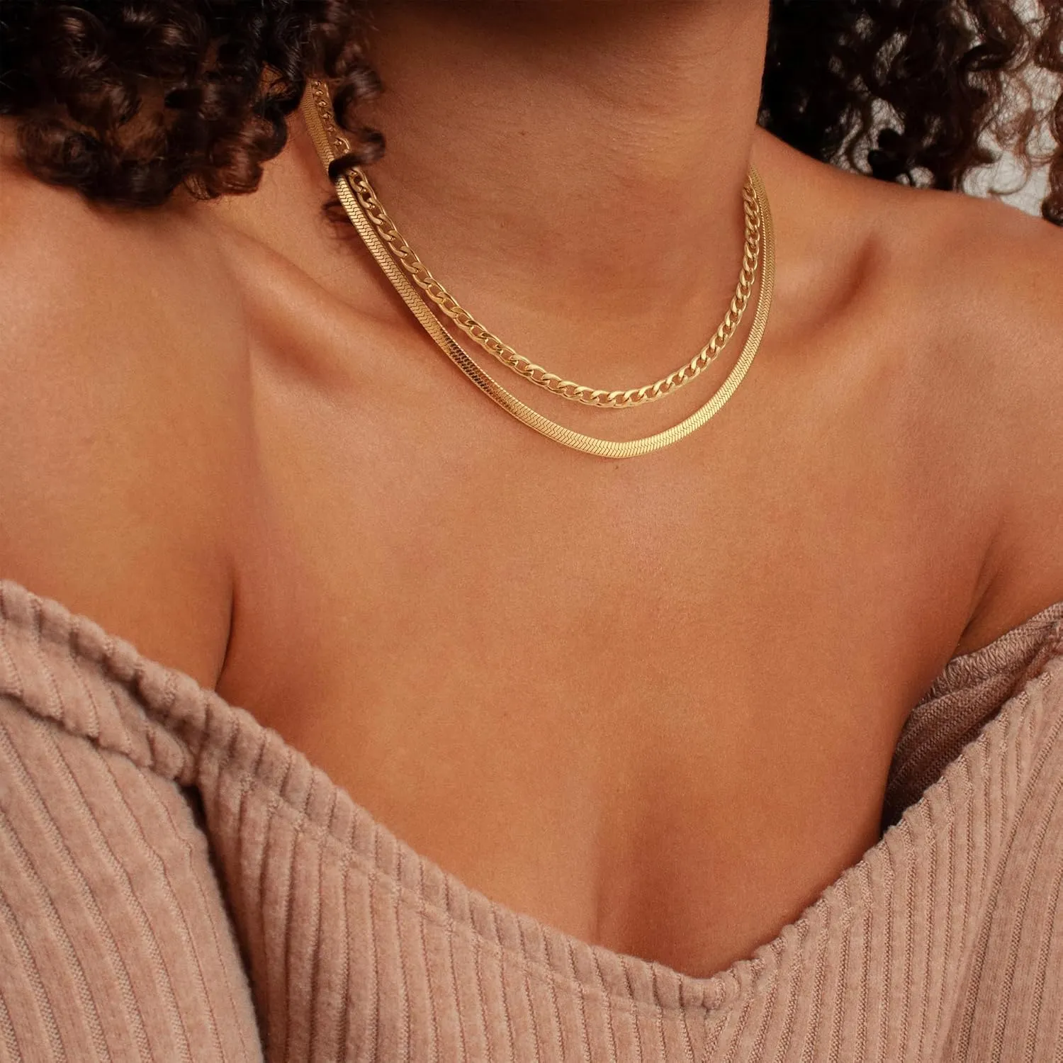 Layered Gold Necklaces for Women - 18K Gold Plated Herringbone Paperclip Chain Pearl Cuban Twist Rope Chain Necklace Waterproof Jewelry Dainty Choker Necklace Gold Jewelry for Women Gifts