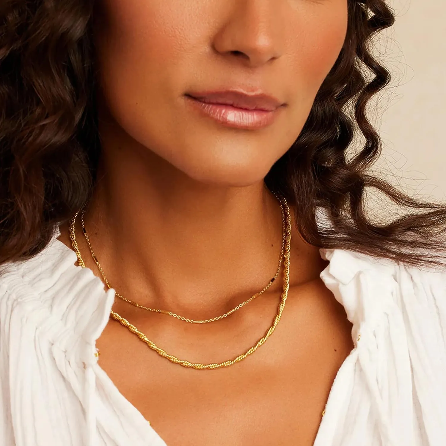 Layered Gold Necklaces for Women - 18K Gold Plated Herringbone Paperclip Chain Pearl Cuban Twist Rope Chain Necklace Waterproof Jewelry Dainty Choker Necklace Gold Jewelry for Women Gifts