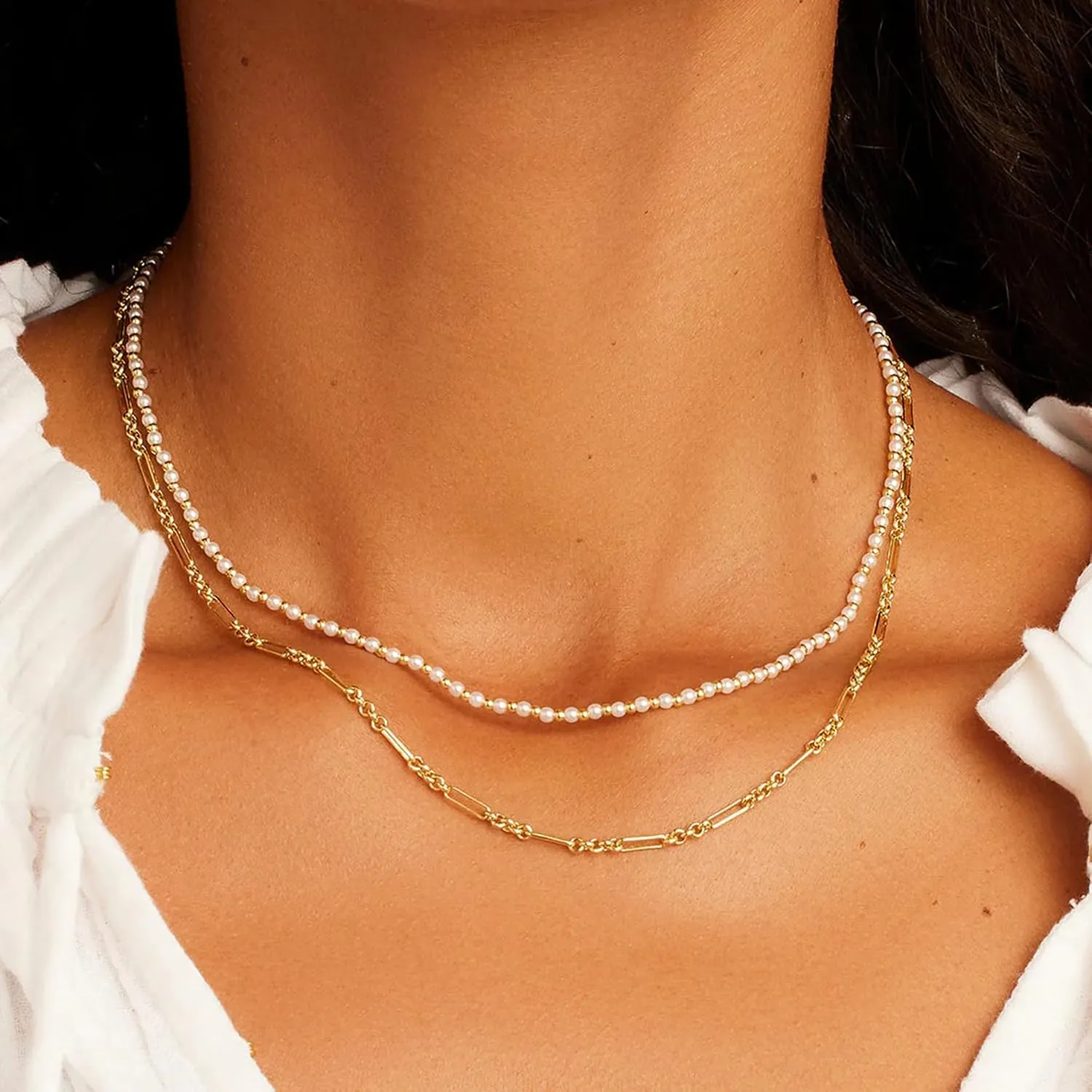 Layered Gold Necklaces for Women - 18K Gold Plated Herringbone Paperclip Chain Pearl Cuban Twist Rope Chain Necklace Waterproof Jewelry Dainty Choker Necklace Gold Jewelry for Women Gifts