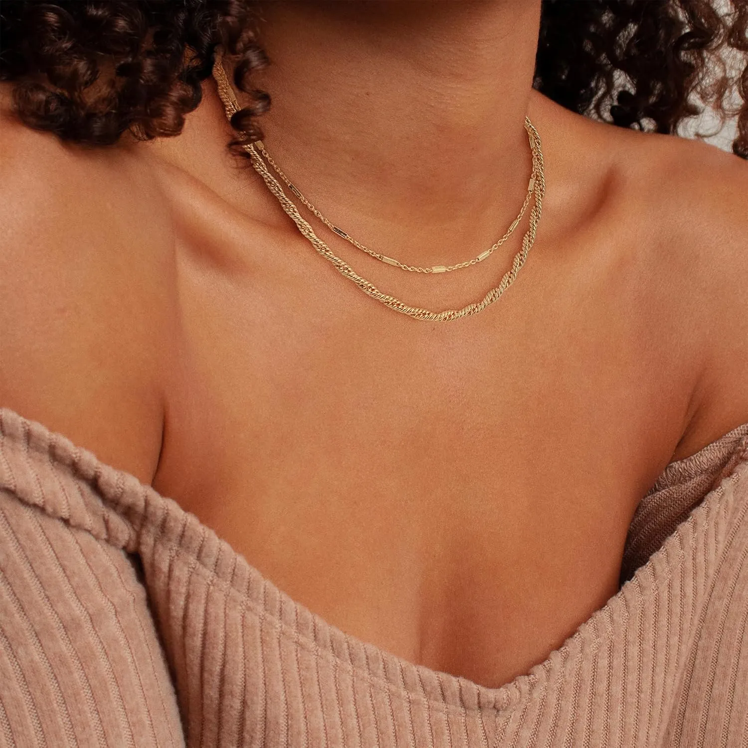 Layered Gold Necklaces for Women - 18K Gold Plated Herringbone Paperclip Chain Pearl Cuban Twist Rope Chain Necklace Waterproof Jewelry Dainty Choker Necklace Gold Jewelry for Women Gifts