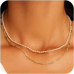 Layered Gold Necklaces for Women - 18K Gold Plated Herringbone Paperclip Chain Pearl Cuban Twist Rope Chain Necklace Waterproof Jewelry Dainty Choker Necklace Gold Jewelry for Women Gifts