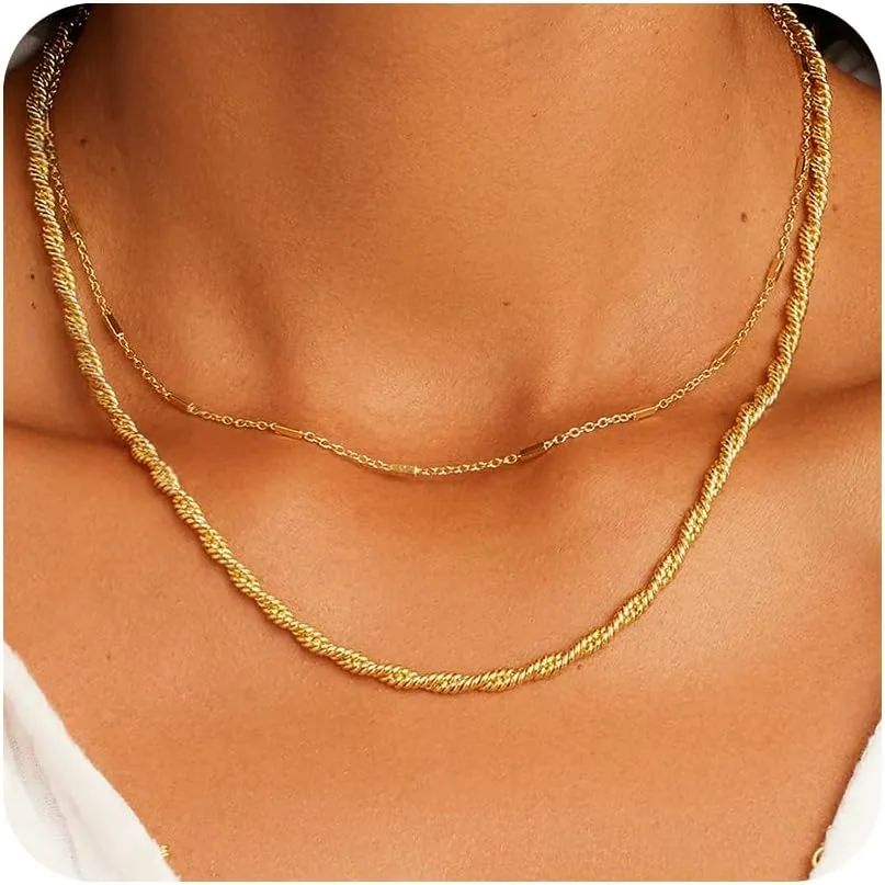 Layered Gold Necklaces for Women - 18K Gold Plated Herringbone Paperclip Chain Pearl Cuban Twist Rope Chain Necklace Waterproof Jewelry Dainty Choker Necklace Gold Jewelry for Women Gifts