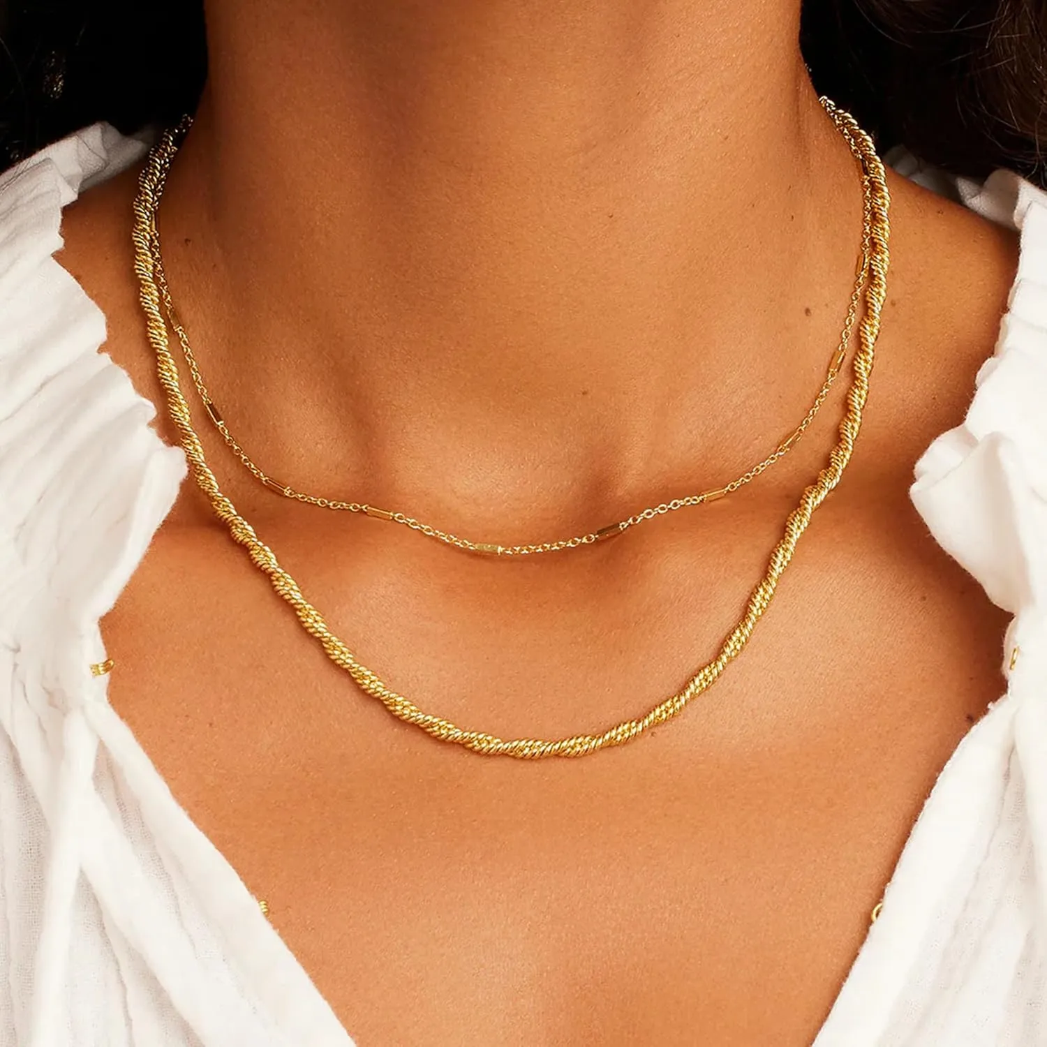 Layered Gold Necklaces for Women - 18K Gold Plated Herringbone Paperclip Chain Pearl Cuban Twist Rope Chain Necklace Waterproof Jewelry Dainty Choker Necklace Gold Jewelry for Women Gifts