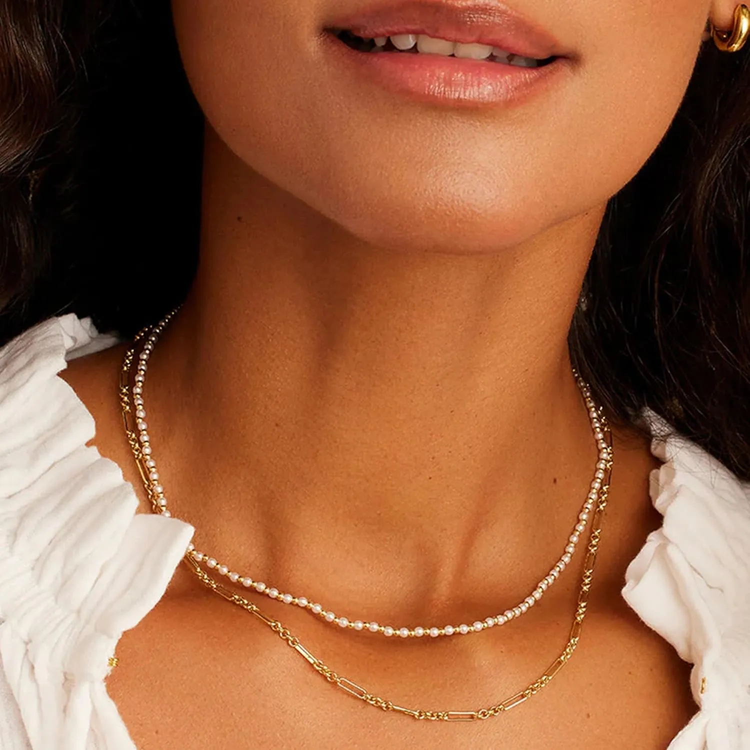 Layered Gold Necklaces for Women - 18K Gold Plated Herringbone Paperclip Chain Pearl Cuban Twist Rope Chain Necklace Waterproof Jewelry Dainty Choker Necklace Gold Jewelry for Women Gifts