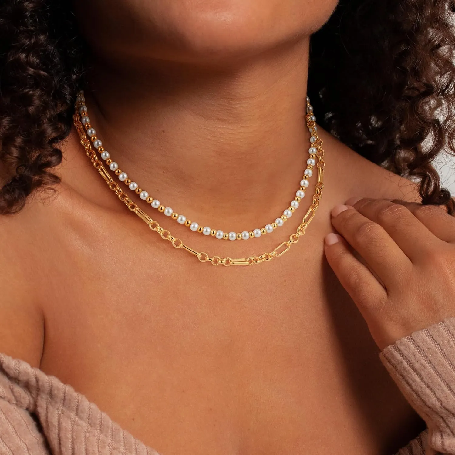 Layered Gold Necklaces for Women - 18K Gold Plated Herringbone Paperclip Chain Pearl Cuban Twist Rope Chain Necklace Waterproof Jewelry Dainty Choker Necklace Gold Jewelry for Women Gifts