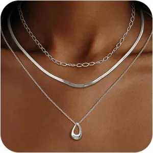 Layered Gold Necklaces for Women, 3Pcs Dainty 14k Gold/Silver Plated Herringbone Choker Set, Trendy Stack Simple Chain Layering Pendant Jewelry