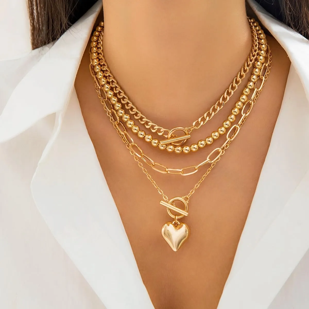 Layered Gold Necklaces for Women Chunky Gold Heart Pendant Necklaces Adjustable Stackable Beaded Geometric Ot Clasp Paperclip Chain Choker Necklace Vintage Punk Hip-Hop Heart Jewelry