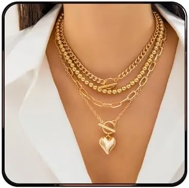 Layered Gold Necklaces for Women Chunky Gold Heart Pendant Necklaces Adjustable Stackable Beaded Geometric Ot Clasp Paperclip Chain Choker Necklace Vintage Punk Hip-Hop Heart Jewelry