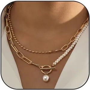 Layered Gold Necklaces for Women Chunky Pearl Choker Necklace Layered Baroque Pearl Necklace Vintage Pearl OT Clasp Necklace Stack Paperclip Herringbone Choker Necklace for Women Men