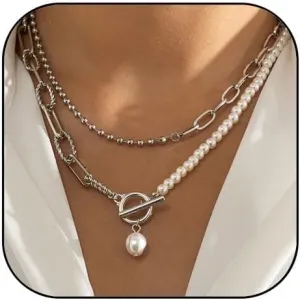 Layered Gold Necklaces for Women Chunky Pearl Choker Necklace Layered Baroque Pearl Necklace Vintage Pearl OT Clasp Necklace Stack Paperclip Herringbone Choker Necklace for Women Men