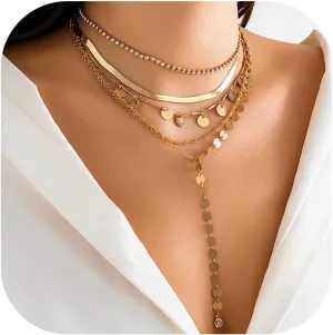 Layered Gold Necklaces for Women Dainty Long Necklace Set 14K Gold Plated Y Pendant Necklace Multilayer Disc Necklace Adjustable Layering Choker Necklaces Trendy Jewelry Set for Women
