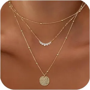 Layered Gold Necklaces for Women, Stackable 14K Real Gold Plated Brass Chain with Minimalist Twisted Rope CZ Circle Pendant, Fashionable Gold Jewelry Set - Gift