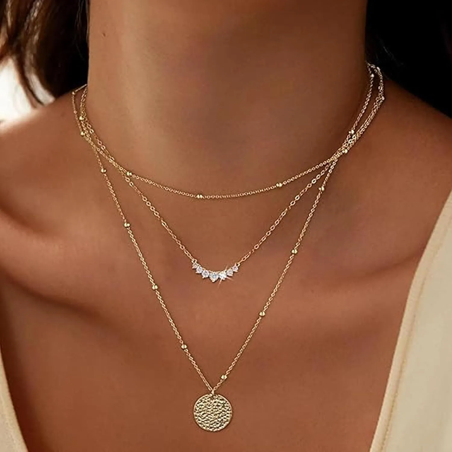 Layered Gold Necklaces for Women, Stackable 14K Real Gold Plated Brass Chain with Minimalist Twisted Rope CZ Circle Pendant, Fashionable Gold Jewelry Set - Gift