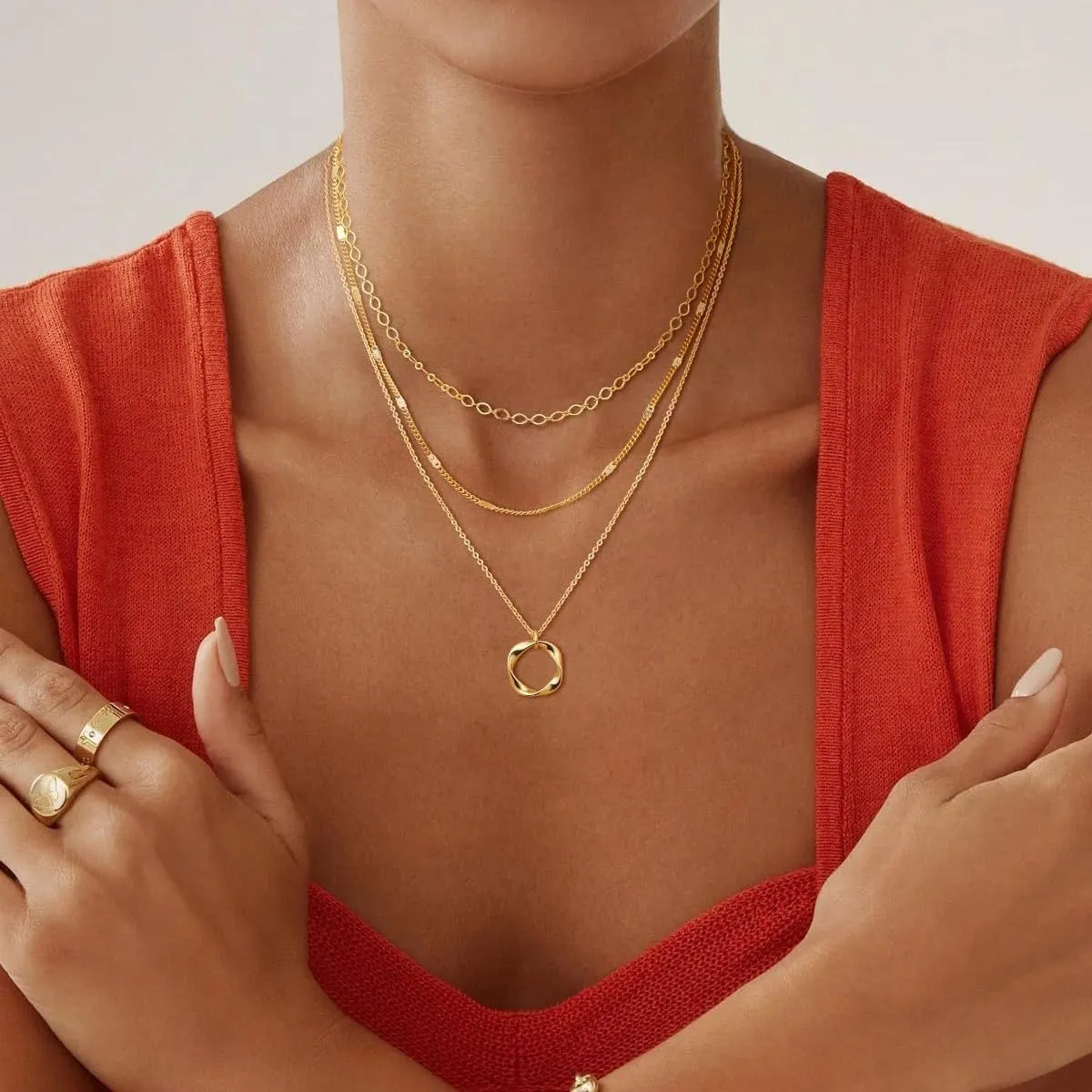 Layered Gold Necklaces for Women, Stackable Dainty 14K Gold Silver Plated Trendy Circle Paperclip Chain Pendant Choker Necklace,Perfect Gifts for Women