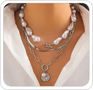Layered Gold Necklaces for Women Trendy Chunky Layered Choker Necklace Vintage Faux Pearls Multi-layered Necklaces Gold OT Clasp Portrait Chain Necklace 90s Freaknik Outfit Accessories for Women