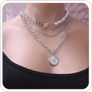 Layered Gold Necklaces for Women Trendy Chunky Layered Choker Necklace Vintage Faux Pearls Multi-layered Necklaces Gold OT Clasp Portrait Chain Necklace 90s Freaknik Outfit Accessories for Women
