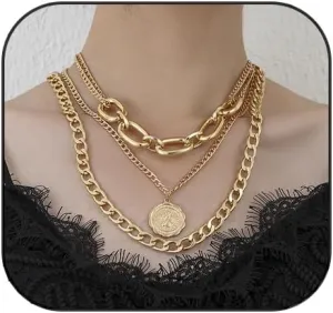Layered Gold Necklaces for Women,Chunky Cuban Link Chain Necklace Boho Gold Multilayer Coin Necklace Multilayer Punk 80s Hip Hop Necklace Gold Charm Necklace Jewelry