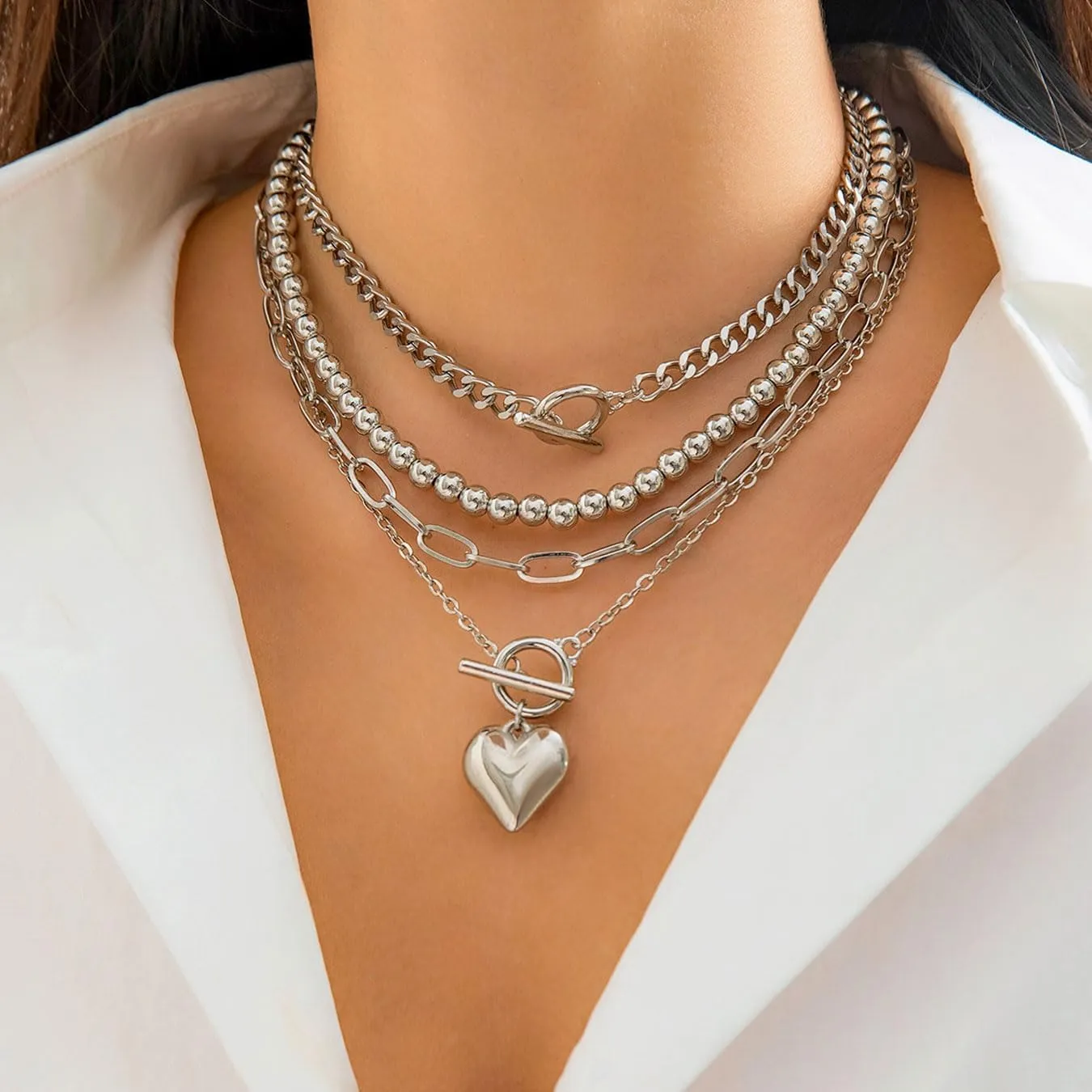 Layered Gold Necklaces Stack for Women Chunky Gold Necklace Herringbone Paperclip Chain Necklace Retro Coin Medallion Pendant Dainty Cuban Chain Toggle Clasp Jewelry