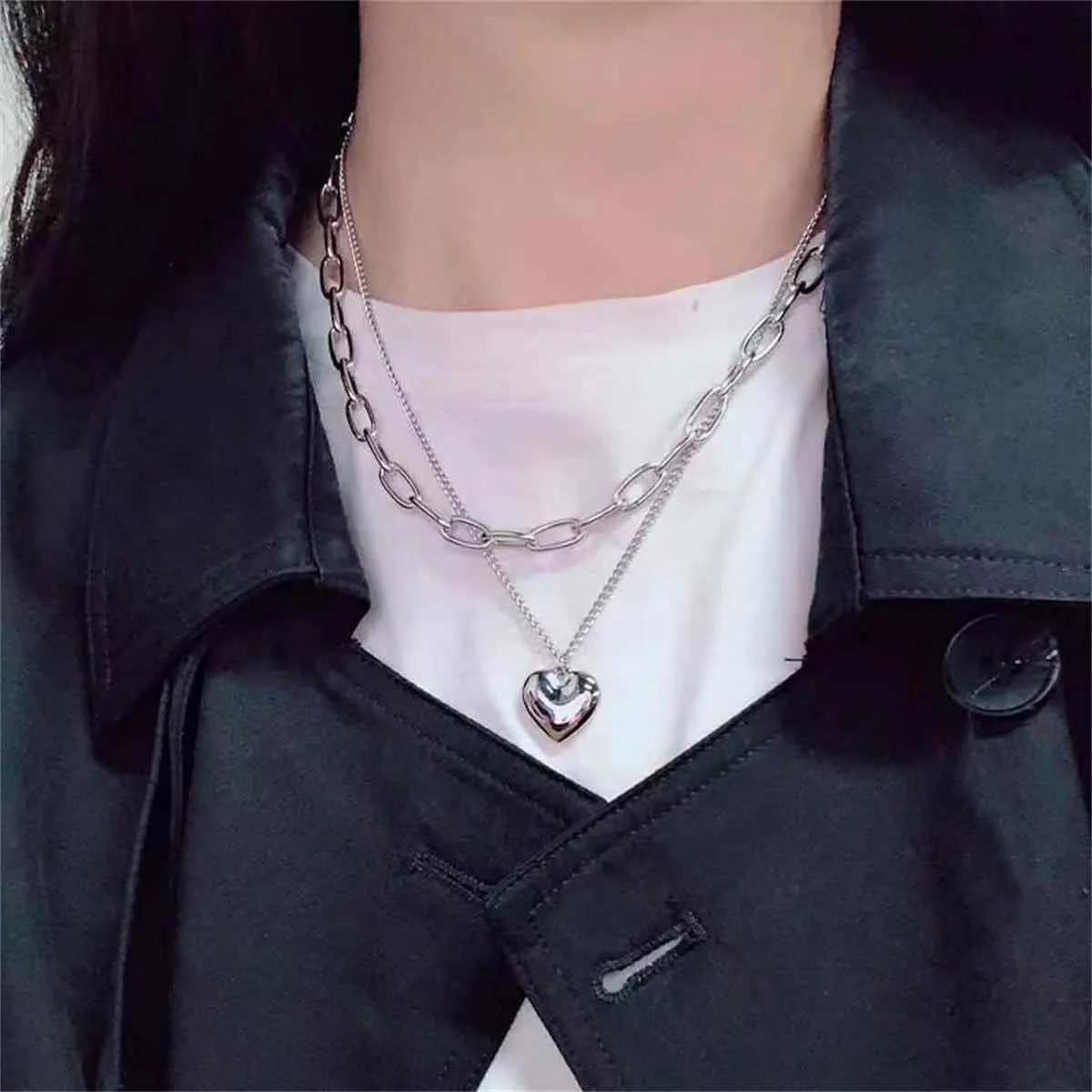 Layered Gold Silver Necklaces Chunky Stack Layered Chain Choker Necklace Herringbone Gold Necklaces Cuban Link Paperclip Necklace