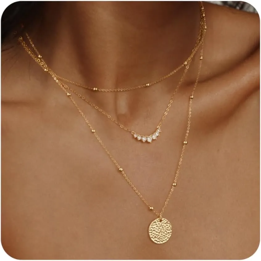 Layered Gold Silver Necklaces for Women, Stackable Stack 14K Real Gold Plated Silver Chain Necklace Diamond Circle CZ Layering Pendant Necklaces Trendy Gold Jewelry Set Gifts