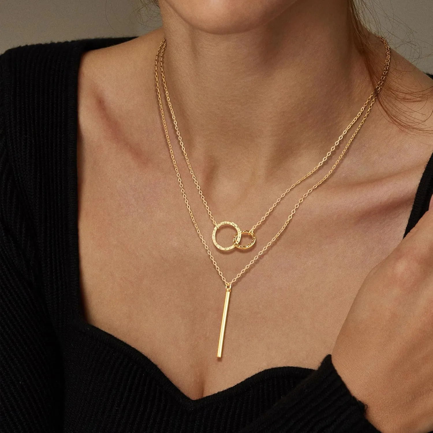Layered Gold Silver Necklaces for Women, Stackable Stack 14K Real Gold Plated Silver Chain Necklace Diamond Circle CZ Layering Pendant Necklaces Trendy Gold Jewelry Set Gifts