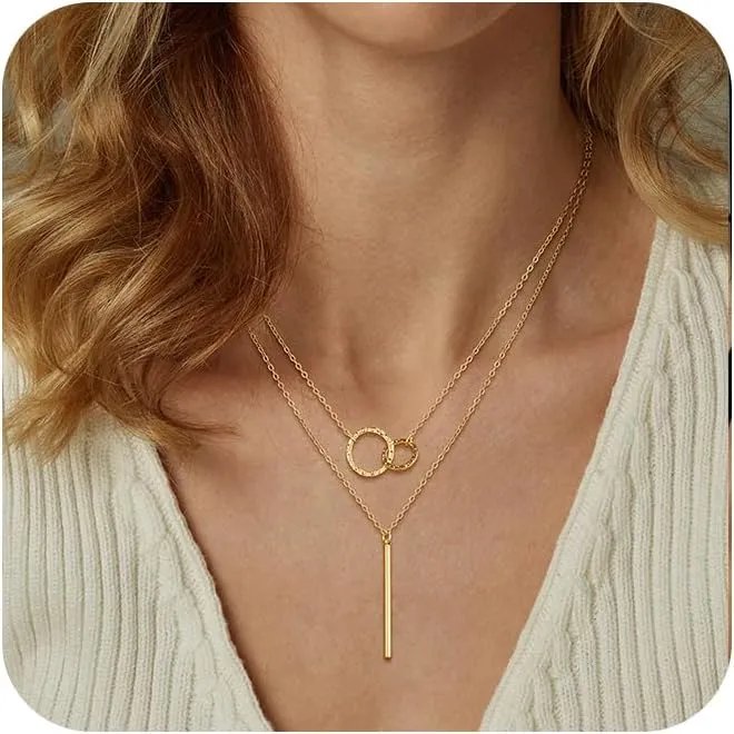 Layered Gold Silver Necklaces for Women, Stackable Stack 14K Real Gold Plated Silver Chain Necklace Diamond Circle CZ Layering Pendant Necklaces Trendy Gold Jewelry Set Gifts