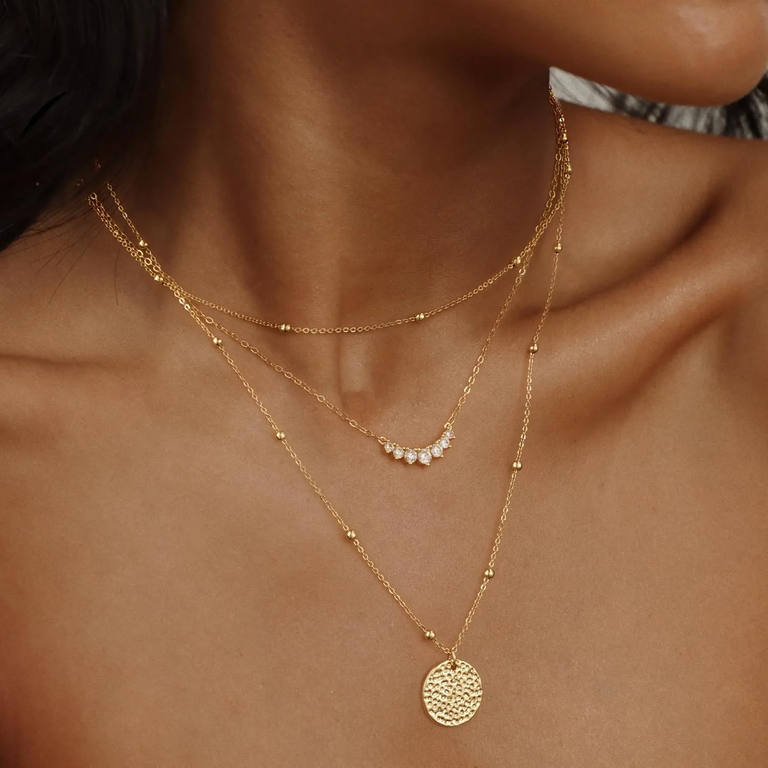 Layered Gold Silver Necklaces for Women, Stackable Stack 14K Real Gold Plated Silver Chain Necklace Diamond Circle CZ Layering Pendant Necklaces Trendy Gold Jewelry Set Gifts
