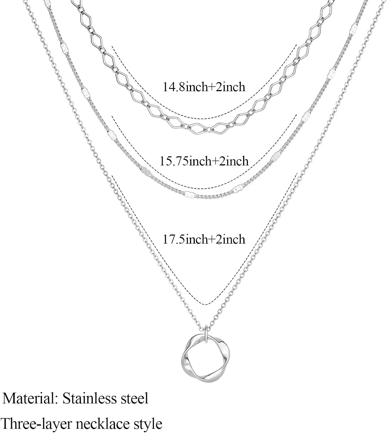 Layered Gold Silver Necklaces for Women,Stack 14K 18K Gold Plated Silver Necklaces Layering Circle Long Trendy Chunky Chain Necklace Set Dainty Bar Jewelry