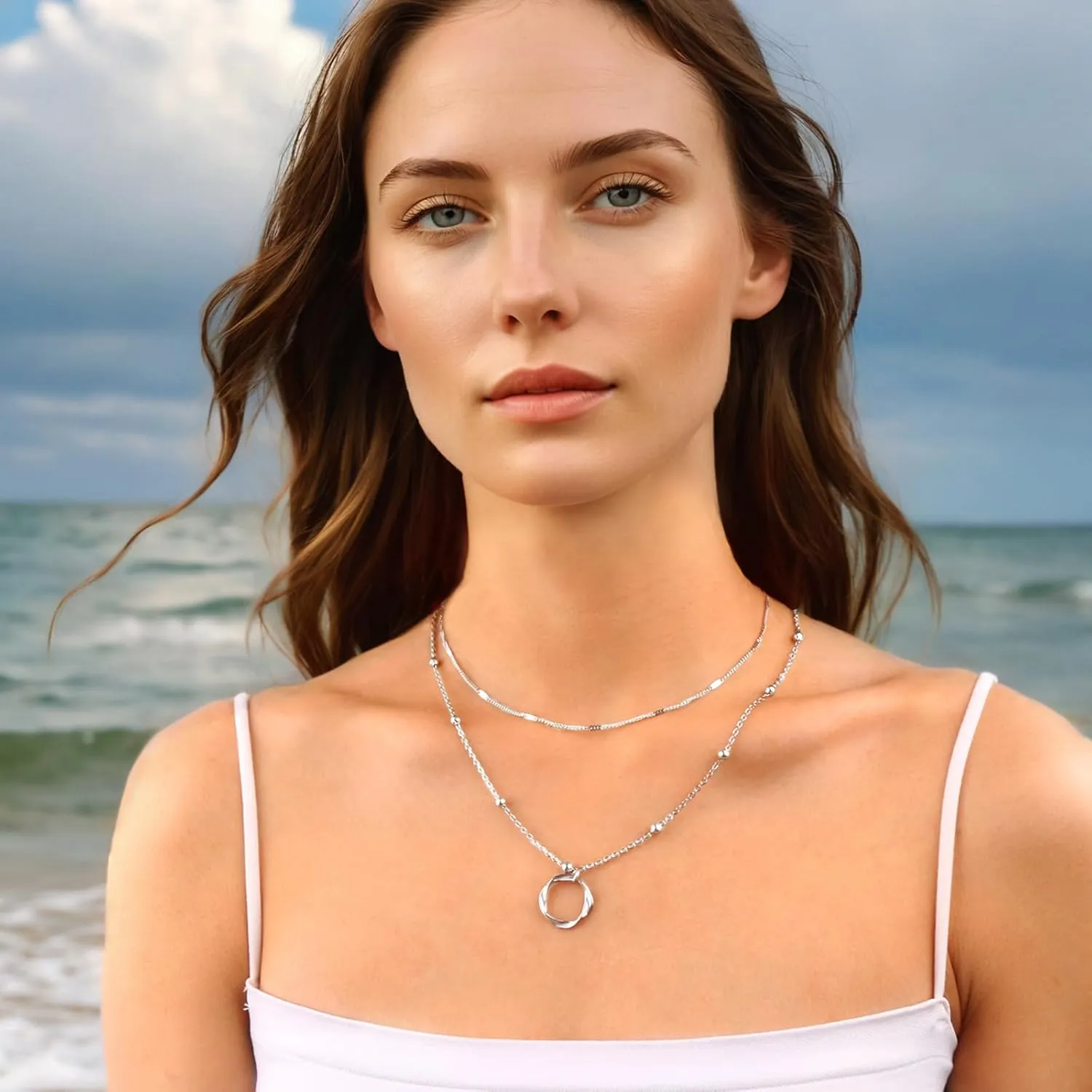 Layered Gold Silver Necklaces for Women,Stack 14K 18K Gold Plated Silver Necklaces Layering Circle Long Trendy Chunky Chain Necklace Set Dainty Bar Jewelry