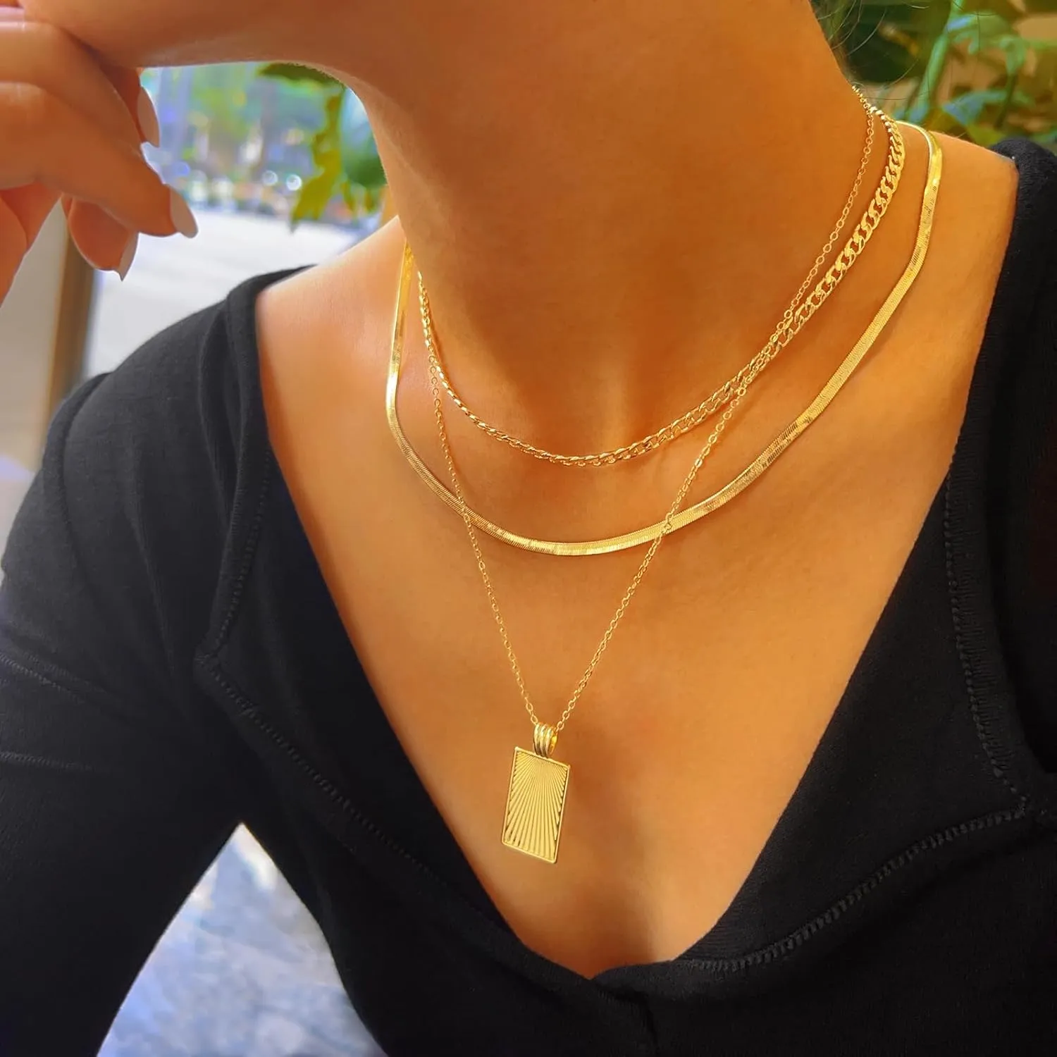 Layered Gold Silver Necklaces for Women,Stack 14K 18K Gold Plated Silver Necklaces Layering Circle Long Trendy Chunky Chain Necklace Set Dainty Bar Jewelry