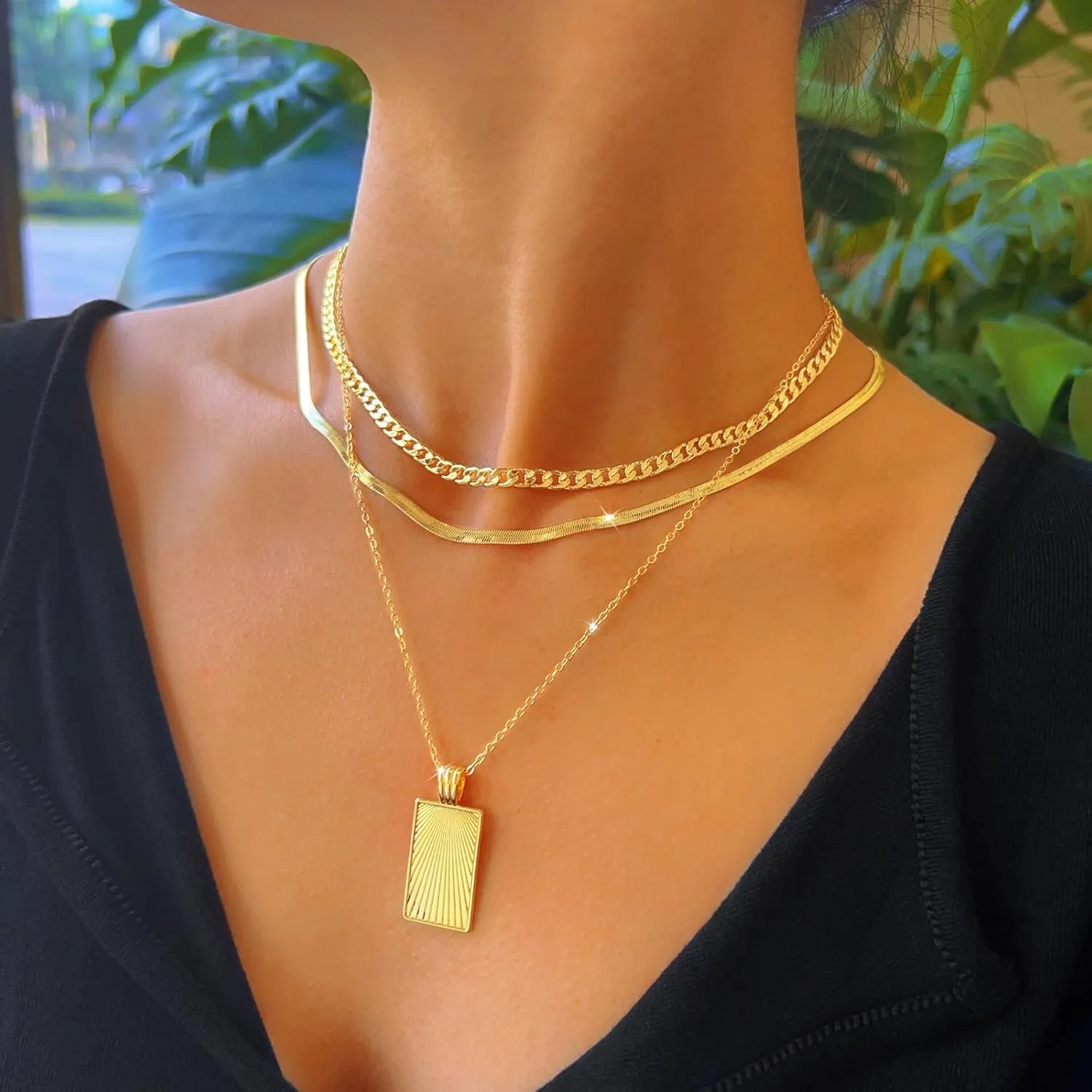 Layered Gold Silver Necklaces for Women,Stack 14K 18K Gold Plated Silver Necklaces Layering Circle Long Trendy Chunky Chain Necklace Set Dainty Bar Jewelry
