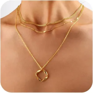 Layered Gold Silver Necklaces for Women,Stack 14K 18K Gold Plated Silver Necklaces Layering Circle Long Trendy Chunky Chain Necklace Set Dainty Bar Jewelry