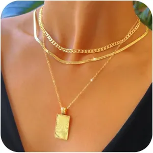 Layered Gold Silver Necklaces for Women,Stack 14K 18K Gold Plated Silver Necklaces Layering Circle Long Trendy Chunky Chain Necklace Set Dainty Bar Jewelry