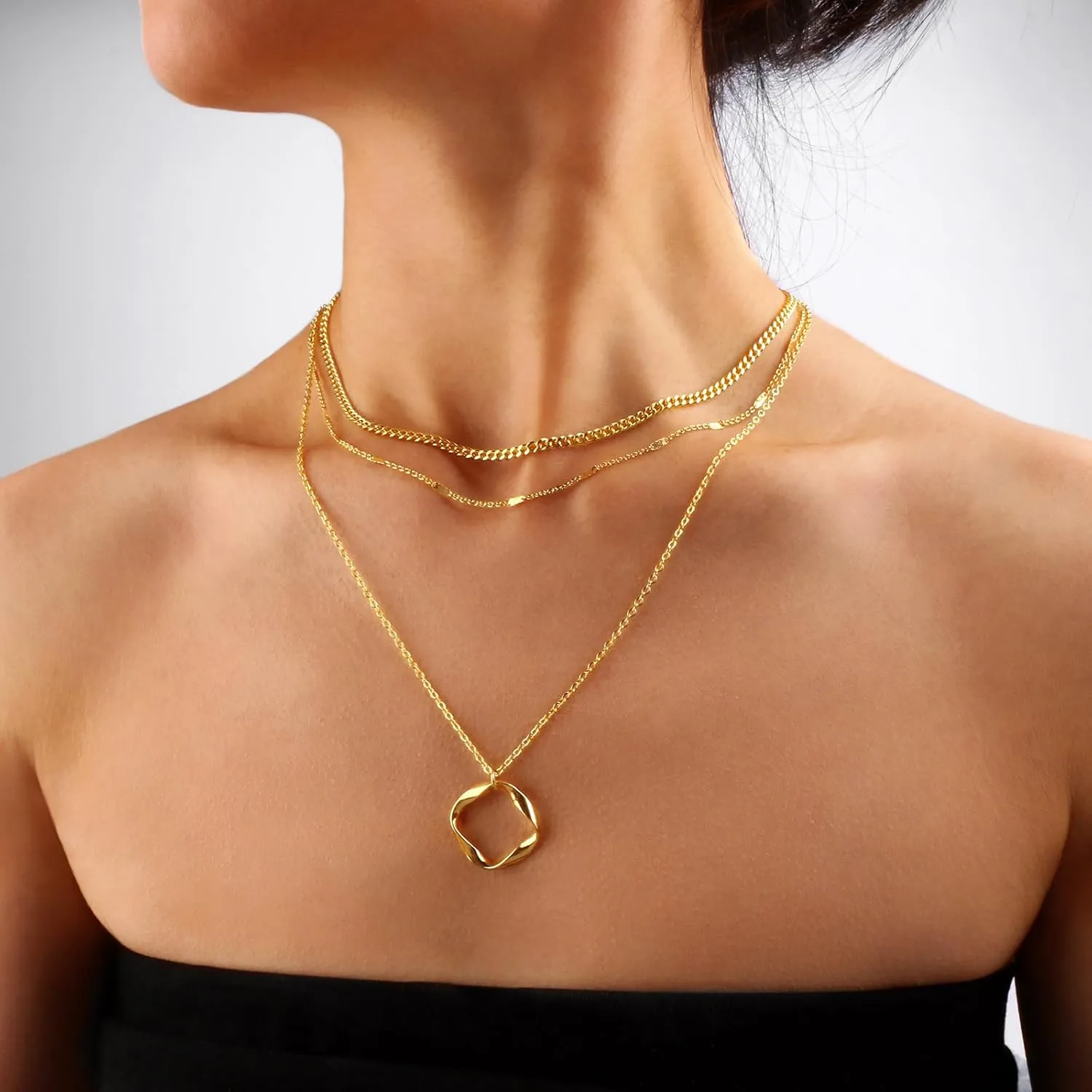 Layered Gold Silver Necklaces for Women,Stack 14K 18K Gold Plated Silver Necklaces Layering Circle Long Trendy Chunky Chain Necklace Set Dainty Bar Jewelry