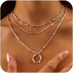 Layered Gold Silver Necklaces for Women,Stack 14K 18K Gold Plated Silver Necklaces Layering Circle Long Trendy Chunky Chain Necklace Set Dainty Bar Jewelry